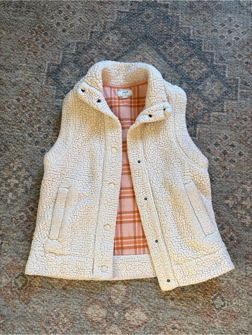 aerie Cream Sherpa Vest with Pink Plaid Lining